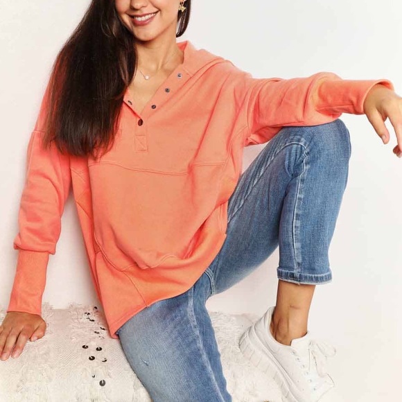 NEW Double Take Quarter Snap Oversized Boyfriend Hoodie Hooded Sweatshirt - Picture 6 of 11